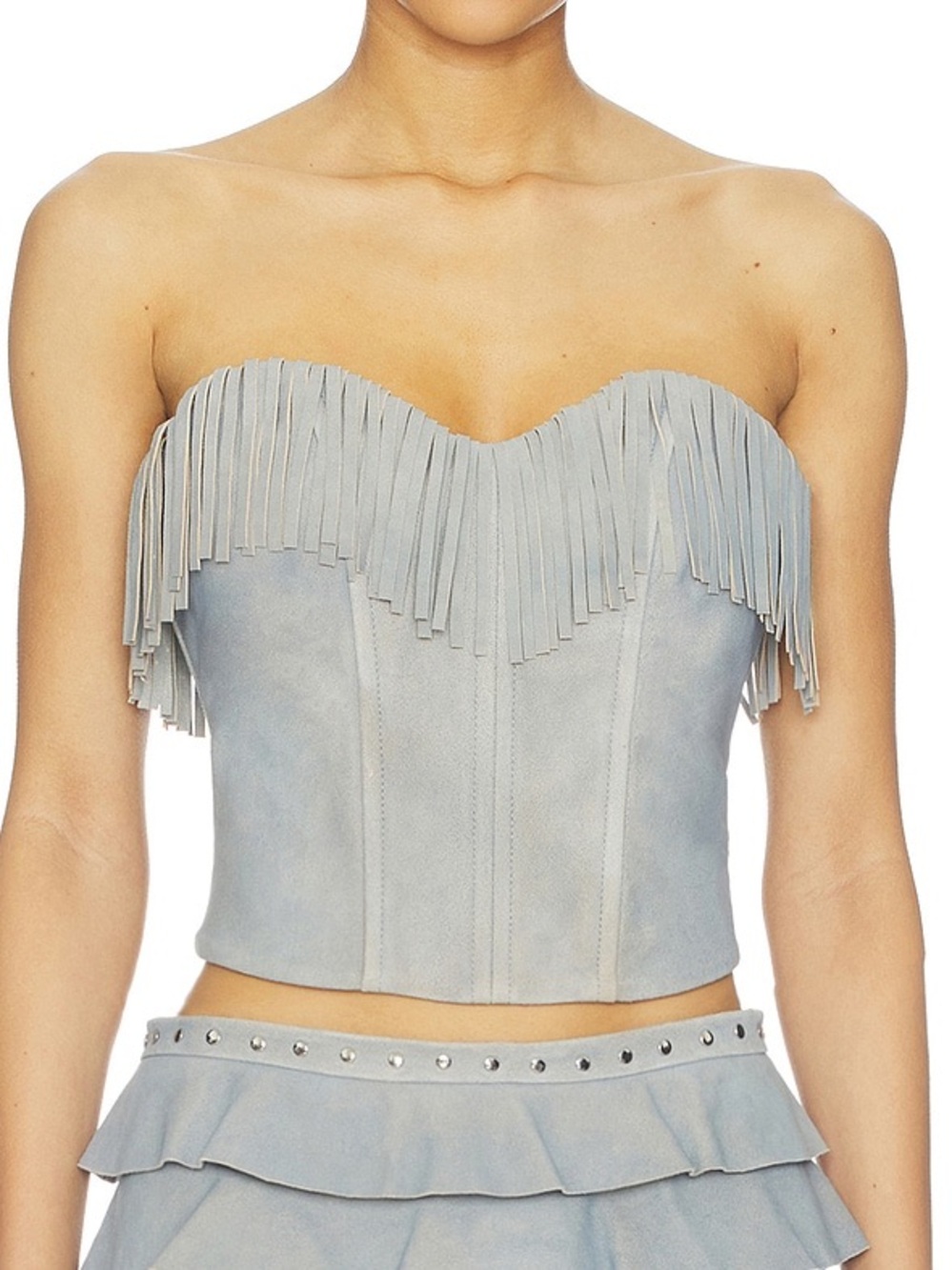 Lamarque x REVOLVE Gianni Fringed Suede Bustier Top in distressed blue